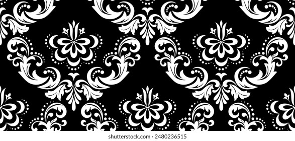 Bildschirmhintergrund im Barockstil. Nahtloser Vektorgrafik-Hintergrund. Weiße und schwarze Blumenverzierung. Grafikmuster für Stoff, Bildschirmhintergrund, Verpackung. Verzierte Damastblume Ornament.