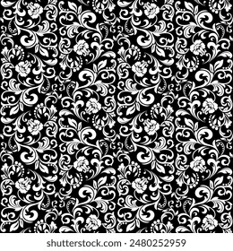 Wallpaper in the style of Baroque. Seamless vector background. White and black floral ornament. Graphic pattern for fabric, wallpaper, packaging. Ornate Damask flower ornament.