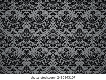 Fondo de pantalla al estilo barroco. Fondo de Vector inconsútil. Adorno floral gris y negro. Patrón gráfico para tela, Fondo de pantalla, embalaje. Adorno de flor de Damasco adornado