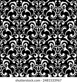 Bildschirmhintergrund im Barockstil. Nahtloser Vektorgrafik-Hintergrund. Weiße und schwarze Blumenverzierung. Grafikmuster für Stoff, Bildschirmhintergrund, Verpackung. Verzierte Damastblume Ornament.