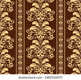 Wallpaper in the style of Baroque. Seamless vector background. Golden and black brown ornament. Graphic pattern for fabric, wallpaper, packaging. Ornate Damask flower ornament