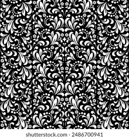 Bildschirmhintergrund im Barockstil. Nahtloser Vektorgrafik-Hintergrund. Weiße und schwarze Blumenverzierung. Grafikmuster für Stoff, Bildschirmhintergrund, Verpackung. Verzierte Damastblume Ornament.