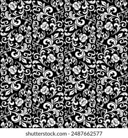 Fondo de pantalla al estilo barroco. Fondo de Vector inconsútil. Adorno floral blanco y negro. Patrón gráfico para tela, Fondo de pantalla, embalaje. Adorno de flor de Damasco adornado.