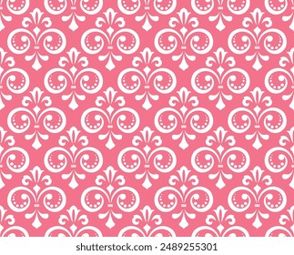 Wallpaper in the style of Baroque. Seamless vector background. White and pink floral ornament. Graphic pattern for fabric, wallpaper, packaging. Ornate Damask flower ornament