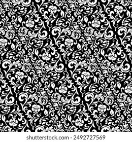 Wallpaper in the style of Baroque. Seamless vector background. White and black floral ornament. Graphic pattern for fabric, wallpaper, packaging. Ornate Damask flower ornament.