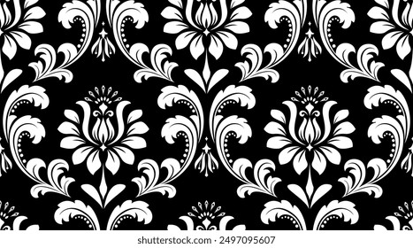 Wallpaper in the style of Baroque. Seamless vector background. White and black floral ornament. Graphic pattern for fabric, wallpaper, packaging. Ornate Damask flower ornament.