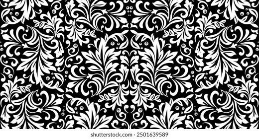 Fondo de pantalla en el estilo del Barroco. Fondo de Vector sin fisuras. Adorno floral blanco y negro. Patrón gráfico para tela, Fondo de pantalla, embalaje. Adorno de flores de damasco adornado.