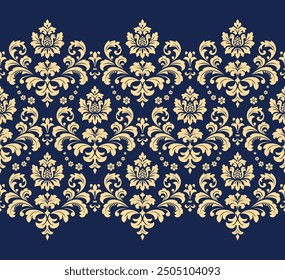 Wallpaper in the style of Baroque. Seamless vector background. Golden and dark blue floral ornament. Graphic pattern for fabric, wallpaper, packaging. Ornate Damask flower ornament