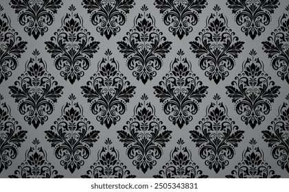 Fondo de pantalla en el estilo del Barroco. Fondo de Vector sin fisuras. Ornamento floral gris y negro. Patrón gráfico para tela, Fondo de pantalla, embalaje. Ornamento de flores de damasco adornado