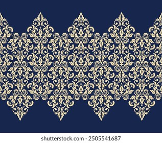 Fondo de pantalla en el estilo del Barroco. Fondo de Vector sin fisuras. Ornamento floral dorado y azul oscuro. Patrón gráfico para tela, Fondo de pantalla, embalaje. Ornamento de flores de damasco adornado