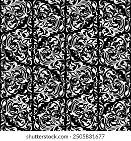 Fondo de pantalla en el estilo del Barroco. Fondo de Vector sin fisuras. Adorno floral blanco y negro. Patrón gráfico para tela, Fondo de pantalla, embalaje. Adorno de flores de damasco adornado.