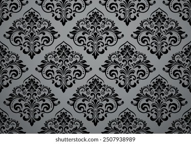 Wallpaper in the style of Baroque. Seamless vector background. Gray and black floral ornament. Graphic pattern for fabric, wallpaper, packaging. Ornate Damask flower ornament