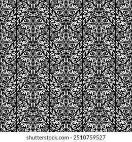 Fondo de pantalla en el estilo del Barroco. Fondo de Vector sin fisuras. Adorno floral blanco y negro. Patrón gráfico para tela, Fondo de pantalla, embalaje. Adorno de flores de damasco adornado.
