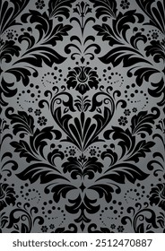 Tapete im Stil des Barock. Nahtloser Vektorhintergrund. Graues und schwarzes Blumenornament. Grafisches Muster für Stoff, Tapete, Verpackung. Verzierte Damaszener Blumendekoration