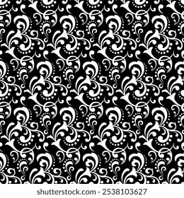 Wallpaper in the style of Baroque. Seamless vector background. White and black floral ornament. Graphic pattern for fabric, wallpaper, packaging. Ornate Damask flower ornament.