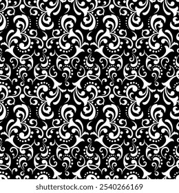 Wallpaper in the style of Baroque. Seamless vector background. White and black floral ornament. Graphic pattern for fabric, wallpaper, packaging. Ornate Damask flower ornament.