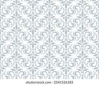 Fondo de pantalla en el estilo del Barroco. Fondo de Vector sin fisuras. Ornamento floral blanco y gris. Patrón gráfico para tela, Fondo de pantalla, embalaje. Ornamento de flores de damasco adornado