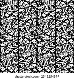 Fondo de pantalla en el estilo del Barroco. Fondo de Vector sin fisuras. Adorno floral blanco y negro. Patrón gráfico para tela, Fondo de pantalla, embalaje. Adorno de flores de damasco adornado.