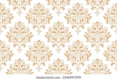 Fondo de pantalla en el estilo del Barroco. Fondo de Vector sin fisuras. Ornamento floral blanco y dorado. Patrón gráfico para tela, Fondo de pantalla, embalaje. Ornamento de flores de damasco adornado