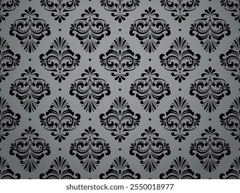 Fondo de pantalla en el estilo del Barroco. Fondo de Vector sin fisuras. Ornamento floral gris y negro. Patrón gráfico para tela, Fondo de pantalla, embalaje. Ornamento de flores de damasco adornado