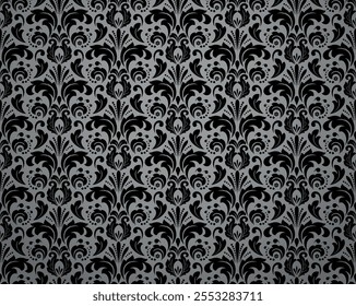 Fondo de pantalla en el estilo del Barroco. Fondo de Vector sin fisuras. Ornamento floral gris y negro. Patrón gráfico para tela, Fondo de pantalla, embalaje. Ornamento de flores de damasco adornado