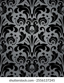 Wallpaper in the style of Baroque. Seamless vector background. Gray and black floral ornament. Graphic pattern for fabric, wallpaper, packaging. Ornate Damask flower ornament