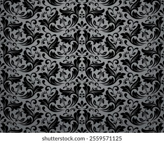 Wallpaper in the style of Baroque. Seamless vector background. Gray and black floral ornament. Graphic pattern for fabric, wallpaper, packaging. Ornate Damask flower ornament