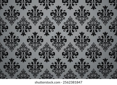 Wallpaper in the style of Baroque. Seamless vector background. Gray and black floral ornament. Graphic pattern for fabric, wallpaper, packaging. Ornate Damask flower ornament