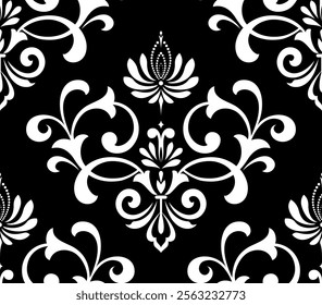Wallpaper in the style of Baroque. Seamless vector background. White and black floral ornament. Graphic pattern for fabric, wallpaper, packaging. Ornate Damask flower ornament.