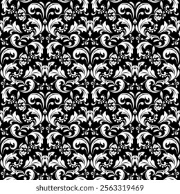Wallpaper in the style of Baroque. Seamless vector background. White and black floral ornament. Graphic pattern for fabric, wallpaper, packaging. Ornate Damask flower ornament.