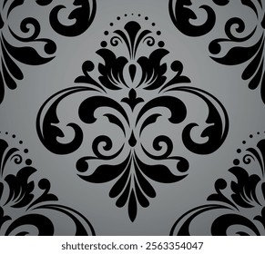 Wallpaper in the style of Baroque. Seamless vector background. Gray and black floral ornament. Graphic pattern for fabric, wallpaper, packaging. Ornate Damask flower ornament