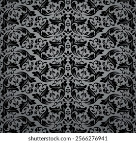 Wallpaper in the style of Baroque. Seamless vector background. Gray and black floral ornament. Graphic pattern for fabric, wallpaper, packaging. Ornate Damask flower ornament