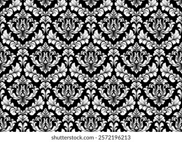 Wallpaper in the style of Baroque. Seamless vector background. White and black floral ornament. Graphic pattern for fabric, wallpaper, packaging. Ornate Damask flower ornament.