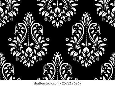 Wallpaper in the style of Baroque. Seamless vector background. White and black floral ornament. Graphic pattern for fabric, wallpaper, packaging. Ornate Damask flower ornament.