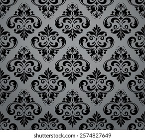 Wallpaper in the style of Baroque. Seamless vector background. Gray and black floral ornament. Graphic pattern for fabric, wallpaper, packaging. Ornate Damask flower ornament
