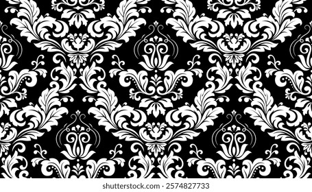 Wallpaper in the style of Baroque. Seamless vector background. White and black floral ornament. Graphic pattern for fabric, wallpaper, packaging. Ornate Damask flower ornament.