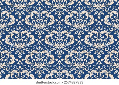 Wallpaper in the style of Baroque. Seamless vector background. Golden and dark blue floral ornament. Graphic pattern for fabric, wallpaper, packaging. Ornate Damask flower ornament