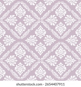 Papel de parede no estilo barroco. Plano de fundo de vetor contínuo. Ornamento floral branco e cinza. Padrão gráfico para tecido, papel de parede, embalagem. Ornamento de flor de damasco ornamentado.