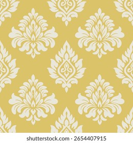 Papel de parede no estilo barroco. Plano de fundo de vetor contínuo. Ornamento floral branco e cinza. Padrão gráfico para tecido, papel de parede, embalagem. Ornamento de flor de damasco ornamentado.