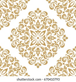 Papel de parede no estilo barroco. Um fundo de vetor sem costura. Textura dourada e branca. Ornamento floral. Padrão de vetor gráfico.