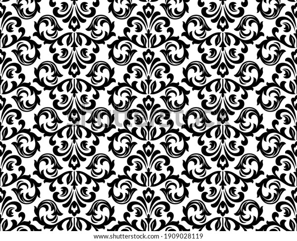 Wallpaper in the\
style of Baroque. Seamless vector background. White and black\
floral ornament. Graphic pattern for fabric, wallpaper, packaging.\
Ornate Damask flower\
ornament