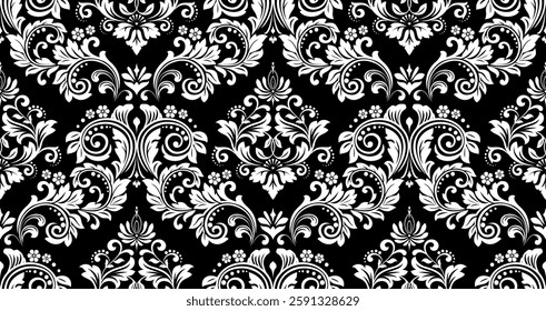 Wallpaper in the style of Baroque. White and black floral ornament. Seamless vector background. Graphic pattern for fabric, wallpaper, packaging. Ornate Damask flower illustration.
