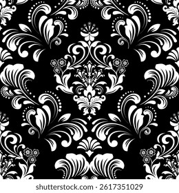 Wallpaper in the style of Baroque. White and black floral ornament. Seamless vector background. Graphic pattern for fabric, wallpaper, packaging. Ornate Damask flower illustration.