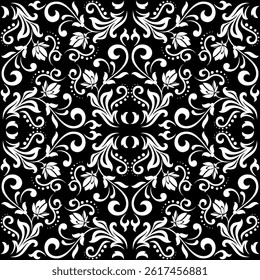 Wallpaper in the style of Baroque. White and black floral ornament. Seamless vector background. Graphic pattern for fabric, wallpaper, packaging. Ornate Damask flower illustration.