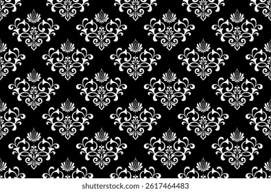 Wallpaper in the style of Baroque. White and black floral ornament. Seamless vector background. Graphic pattern for fabric, wallpaper, packaging. Ornate Damask flower illustration.