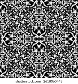 Wallpaper in the style of Baroque. White and black floral ornament. Seamless vector background. Graphic pattern for fabric, wallpaper, packaging. Ornate Damask flower illustration.