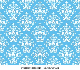 Papel de parede no estilo barroco. Ornamento floral branco e azul. Plano de fundo de vetor contínuo. Padrão gráfico para tecido, papel de parede, embalagem. Ilustração de flor de damasco ornamentado