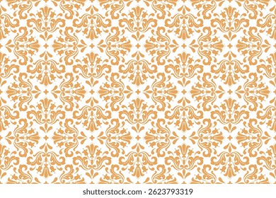 Papel de parede no estilo barroco. Ornamento floral branco e dourado. Plano de fundo de vetor contínuo. Padrão gráfico para tecido, papel de parede, embalagem. Ilustração de flor de damasco ornamentado