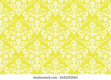 Wallpaper in the style of Baroque. White and yellow floral ornament. Seamless vector background. Graphic pattern for fabric, wallpaper, packaging. Ornate Damask flower illustration