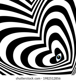 wallpaper in the style of op art, a pattern in the shape of a heart and eyes in which a bright orange sun is reflected